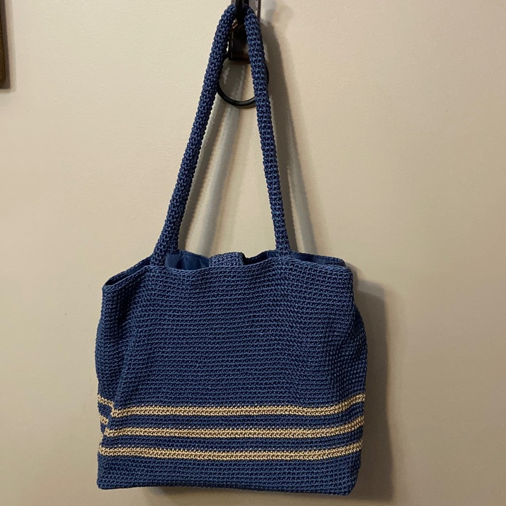 Navy & Tan Crochet Womens Shoulder Bag, Snap Closure,2 Interior Zip Pocket NEW!